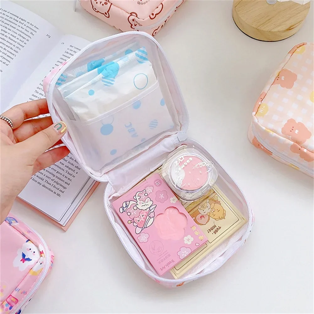 Women Girls Kawaii Cosmetic Makeup Tampon Bear Napkin Pouch Storage Bag Coin Purse Sanitary Pads Bag Mini Data Cables Organizer