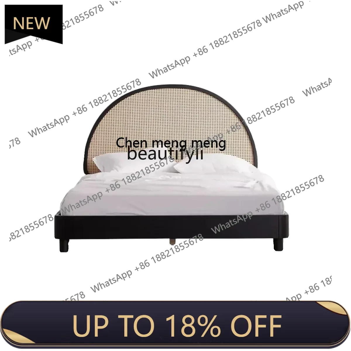 

P178 Solid Wood Bed Retro Rattan Home Small Apartment Double Bed Simple Designer 1.8 M Master Bedroom