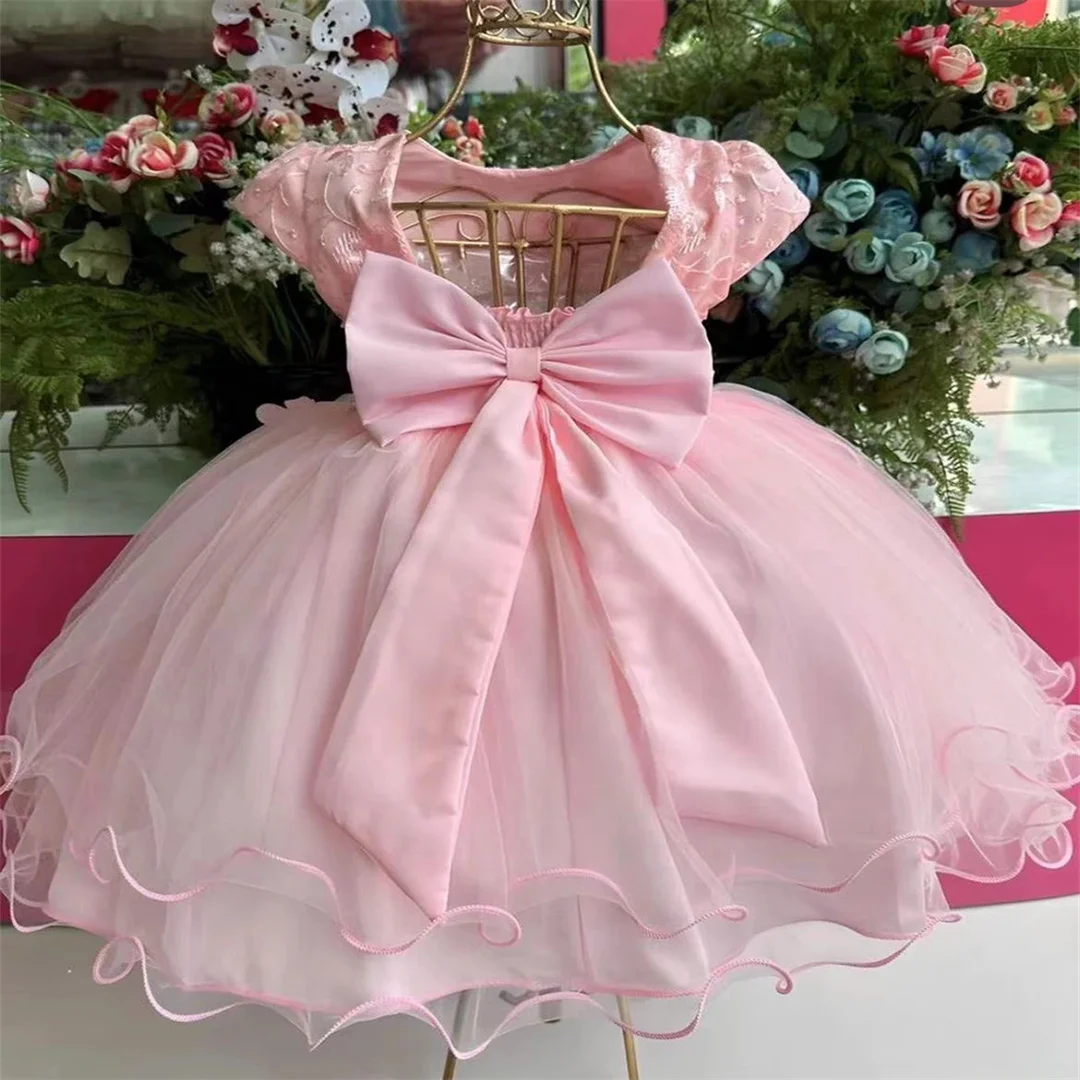 Vestidos florais rosa personalizados para meninas, vestidos de tule inchados com laço sem mangas para casamento, aniversário, banquete, concurso