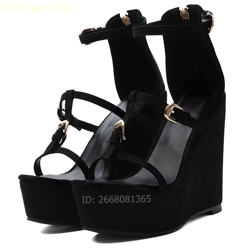Black Suede Thin Strap Wedge Platform Sandals Gold Metal Buckle Ankle Strap Open Toe Women Club Evening Party Fashion High Heels