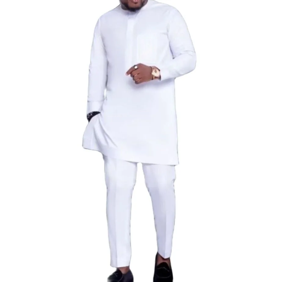 Nigeriano Moda Masculina Casual Set Estilo Retro Sólido Branco Camisa + Calça Tailor Made Masculino Vestuário De Casamento