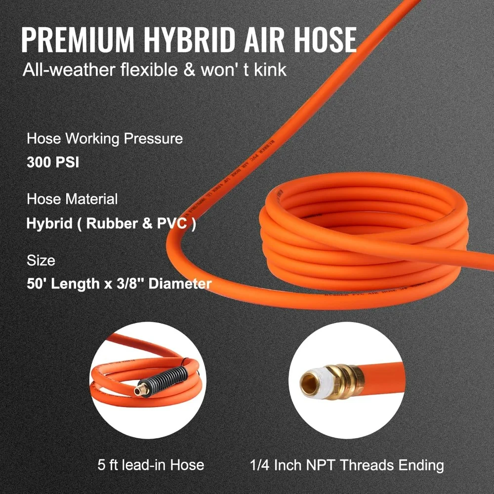 VEVOR Carretel Retrátil para Mangueira de Ar 3/8\" x 50 Pés, Mangueira Híbrida 300PSI, com 5 Pés de Mangueira de Conexão e Carretel de Aço de Braço Único para Montagem em Teto ou Parede