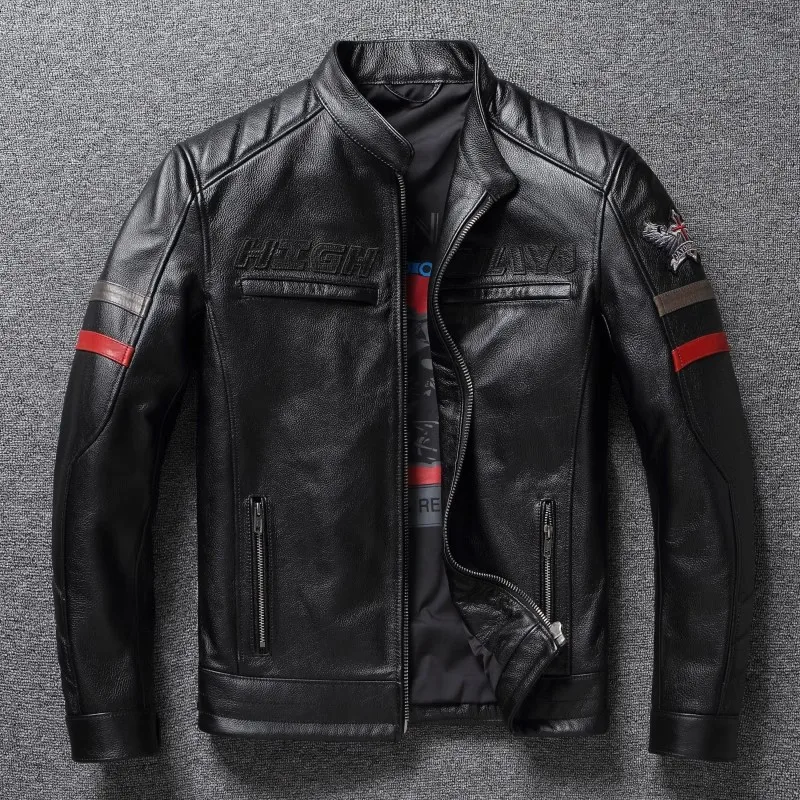 2024 New Winter Motorcycle Wear Pure First Layer Men's Leather Jacket Male Short Stand Collar Plus Size Coat Cycling Jackets