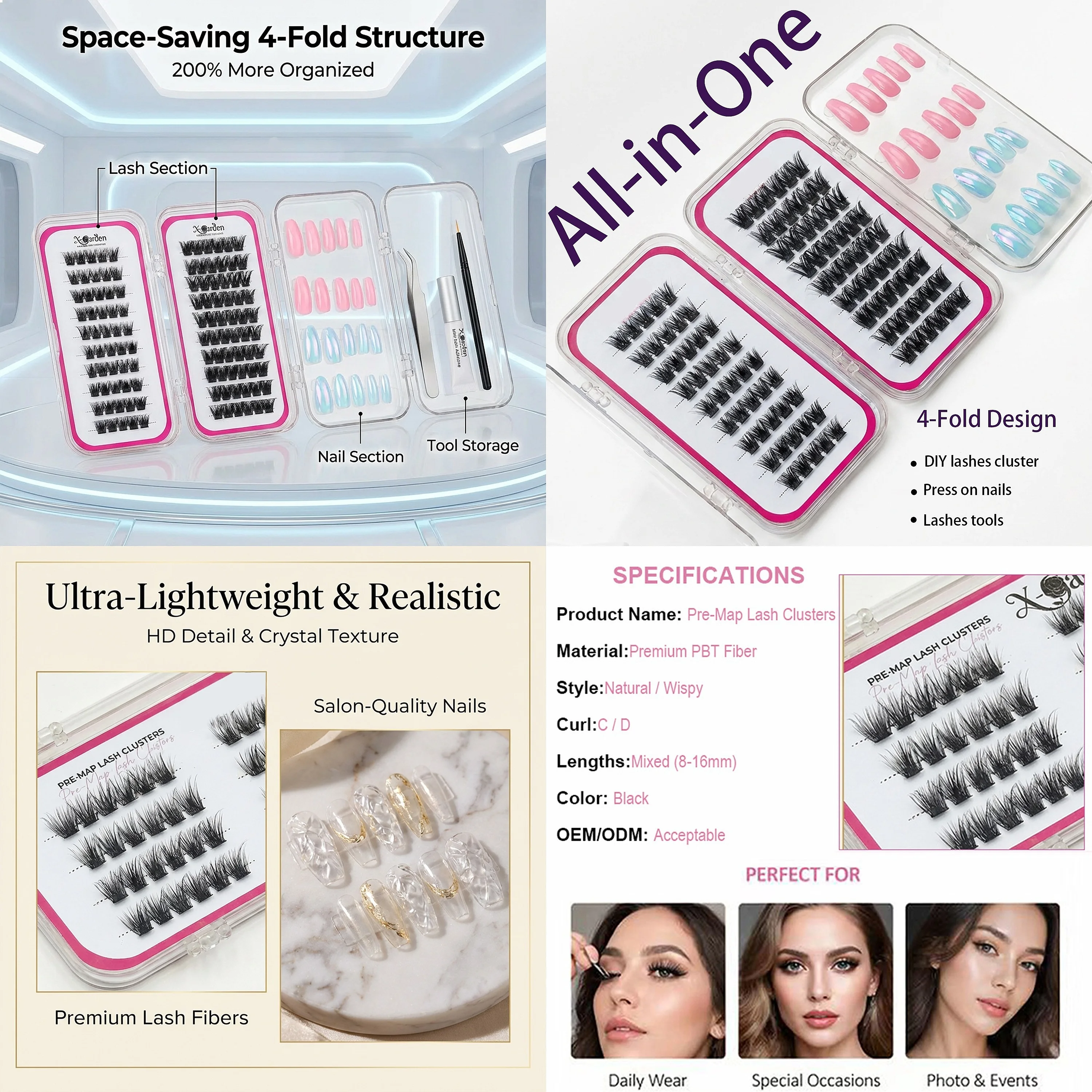 Portable 4-Layer Folding Eyelash Storage Box Individual Cluster Lashes Reusable Self-adhesive Press on Nails with Tools