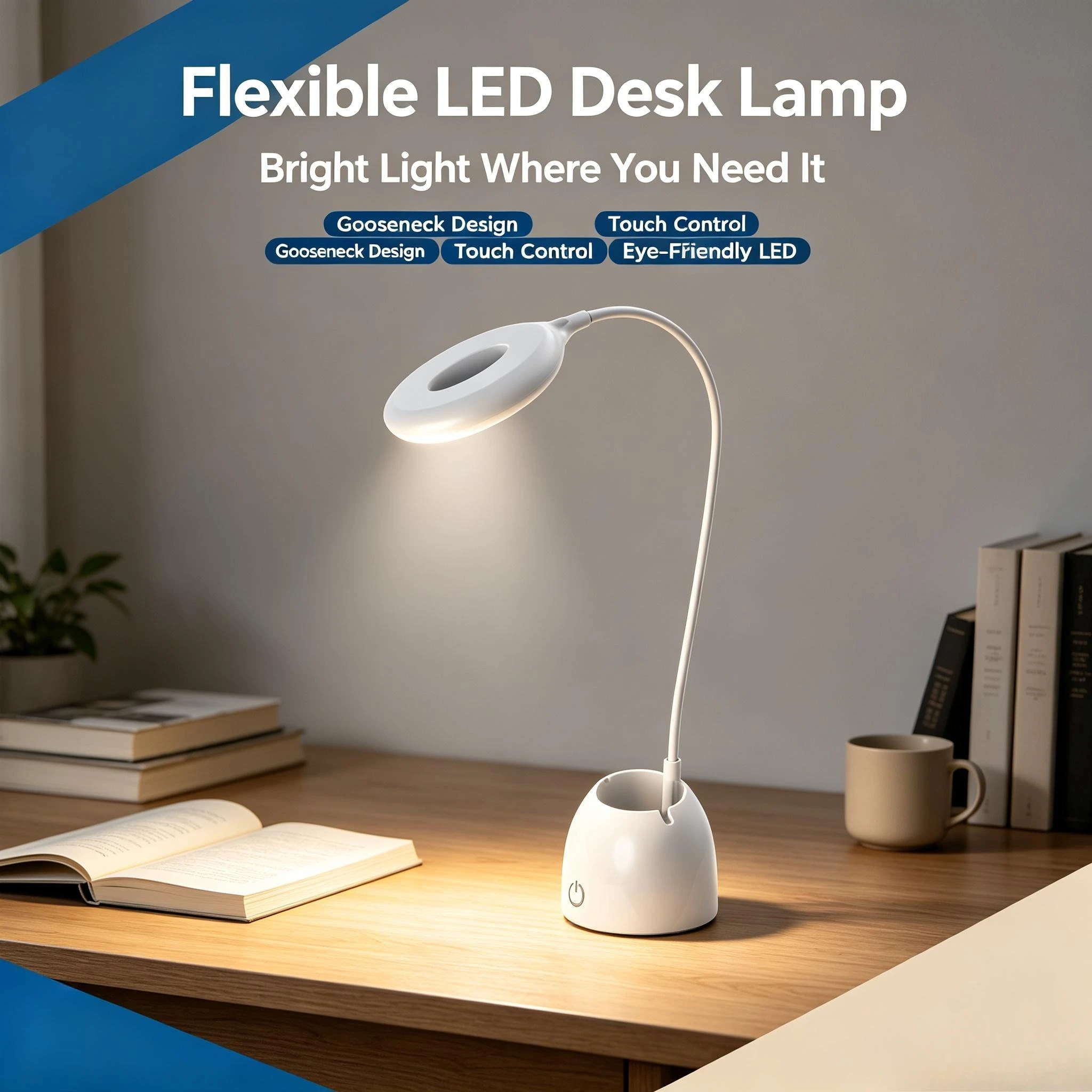 Lampe de bureau à LED flexible et rechargeable, avec porte-stylo, intensité réglable, idéale pour les études, la lecture, le bureau et l’éclairage de chevet.