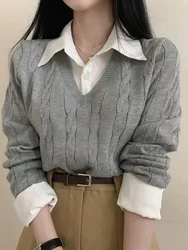 Knitted Sweater Women Korean Fashion Fake Two Pieces Pullover Lady Elegant Patchwork Shirt Autumn Long Sleeve Tops Office Jumper