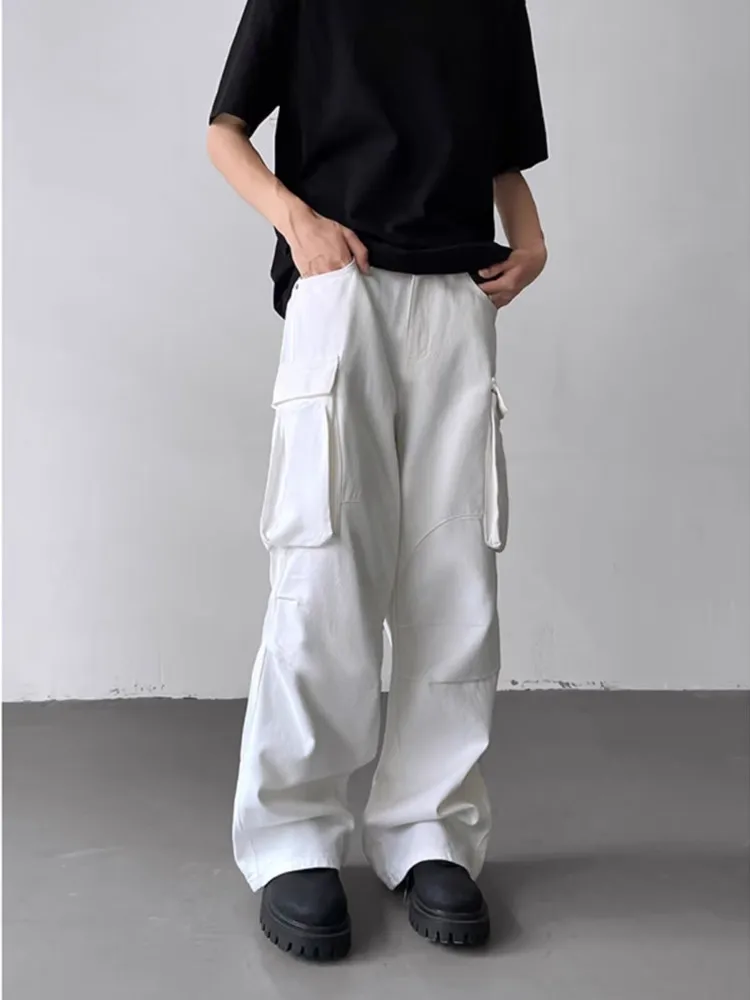 Jean Baggy Plissé Blanc à Jambes Larges pour Homme, Pantalon Cargo à la Mode, Y2K, 2024