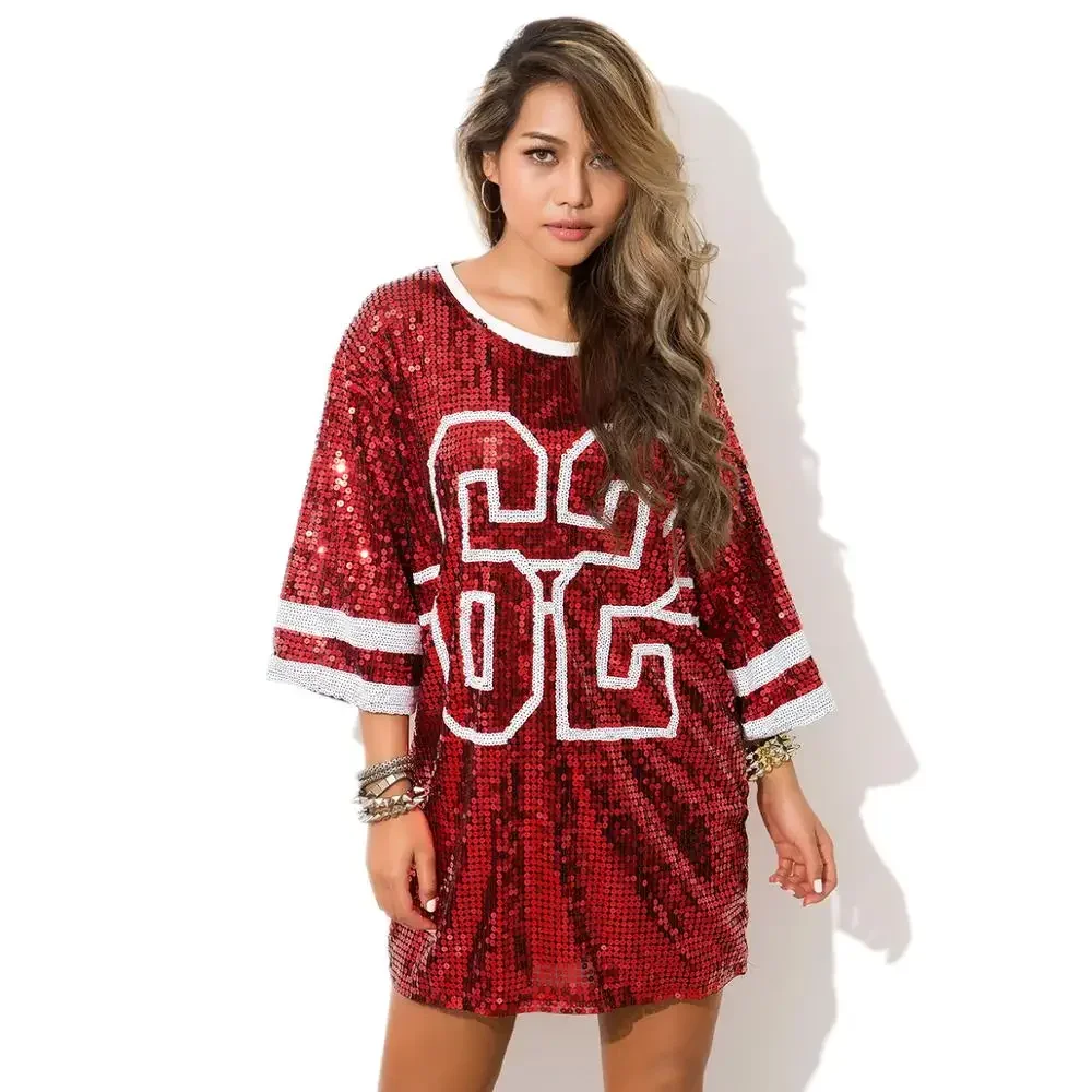 Half Sleeve Baggy Sequin T Shirt Dress Paillette Hip Hop Shirt Dress Clubwear Loose Mini Night Out Dress