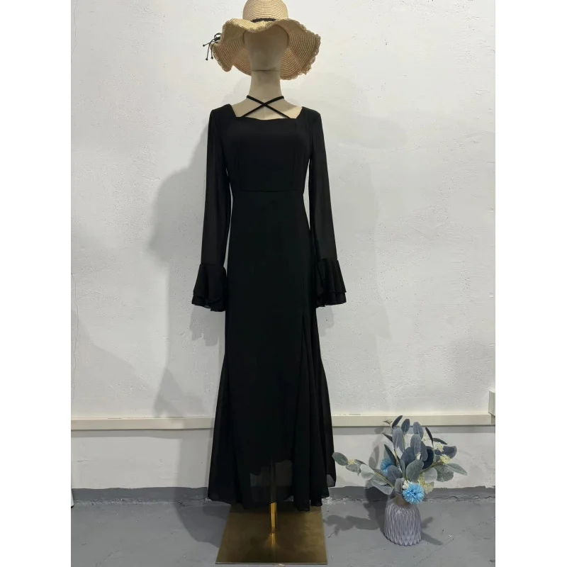 European And American Style Slim Fit Ruffle Dress Chiffon Gentle Flowy Tie Waist Autumn Dress for Women