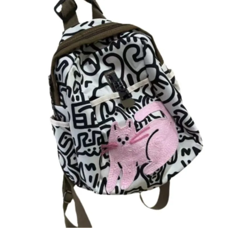 لطيف هريرة قفل مشبك على ظهره المرأة خط طباعة سعة كبيرة حقيبة الظهر النايلون السيدات موضة عادية ركاب Mochilas Mujer
