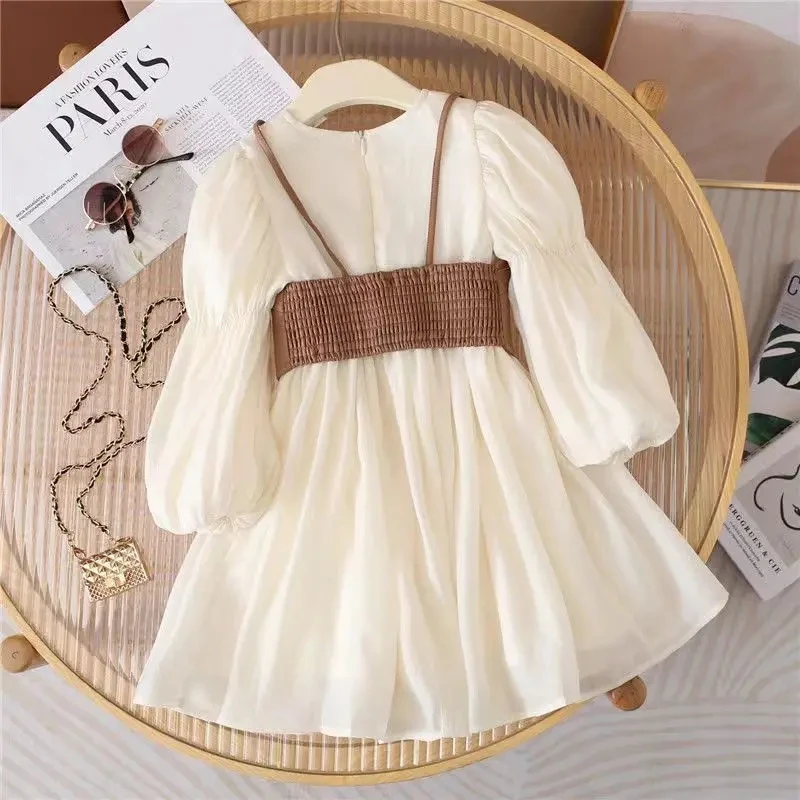 Long Sleeve Chiffon Princess Dress + PU Leather Vest 2Pcs 2024 New Girls Dress Spring And Autumn Fashion 2-12 Years Kids Clothes