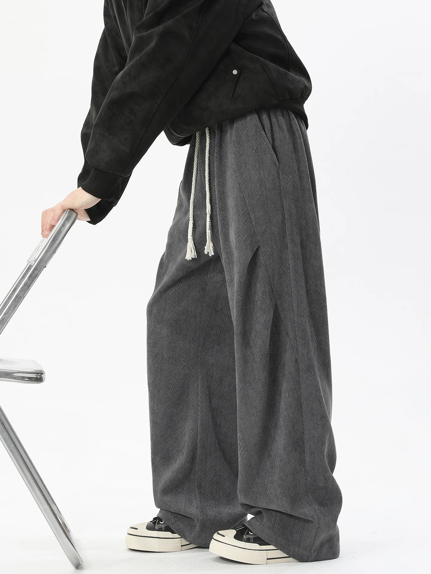 

Casual Loose Men's Pants Autumn Winter Heavy Du Drapey Straight Leg Wide Leg Casual Trousers Twill Pattern Elastic Waist