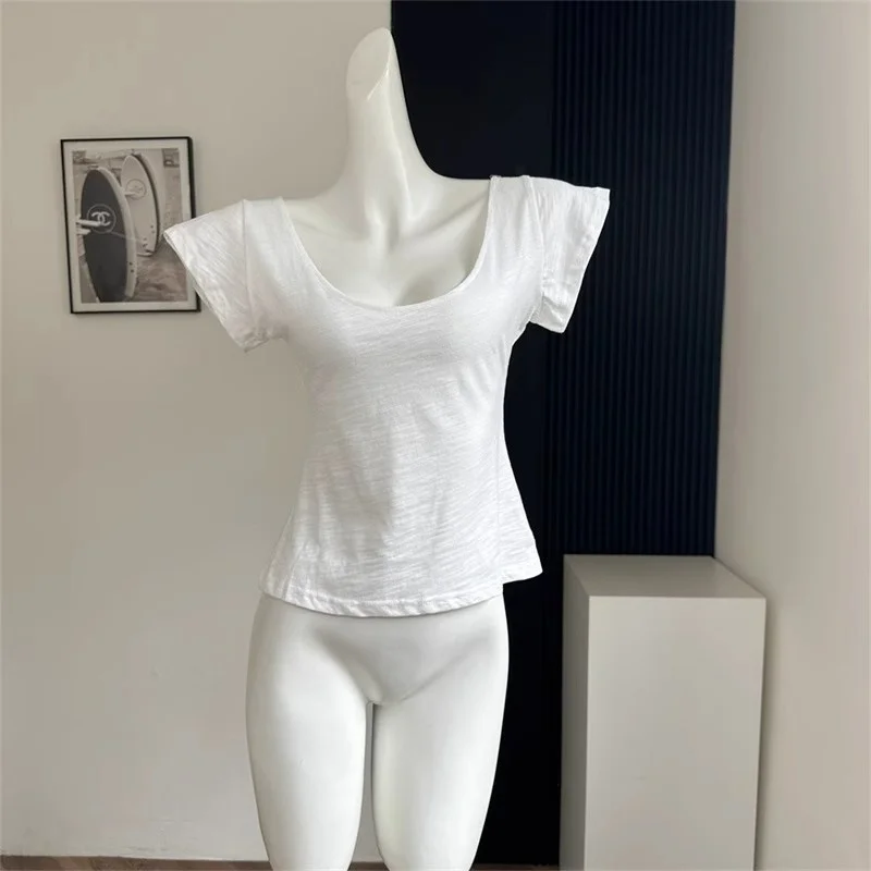 Pure Desire Short Sleeve White T-Shirt Women Summer Sexy Waist-Cinching Bamboo Cotton Short V-Neck Small Size Korean Style