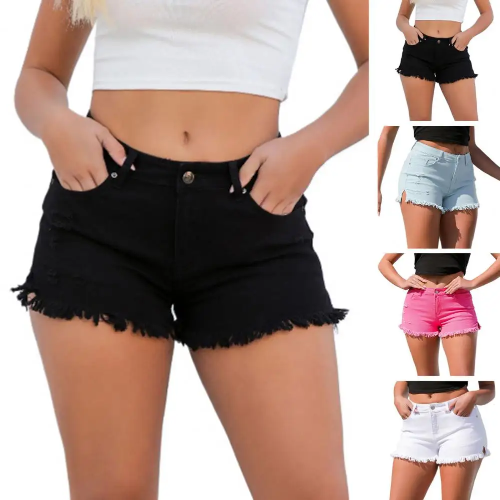 

Women Denim Shorts Ripped Edge Multi Pockets Solid Color Button Zipper Closure Slim Fit High Waist Party Club Short Lady Jeans