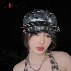 Women's Harajuku Steampunk Y2K Gothic Retro style Leather hat Punk Rock Beret Rivet decoration hat Beret