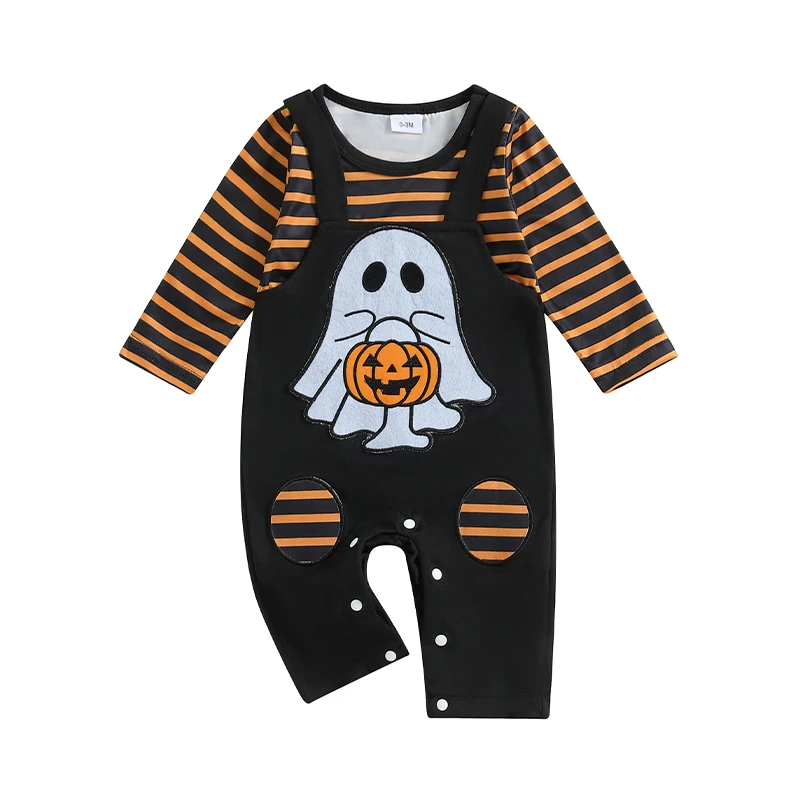 Baby Halloween Romper Stripes Ghost Print Long Sleeve Round Neck Fake Two Piece Fall Overall Jumpsuits