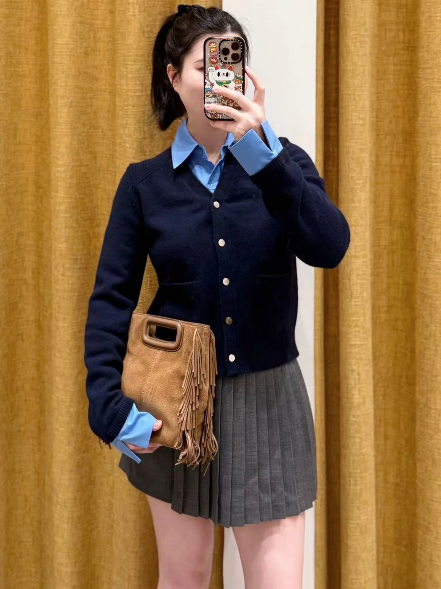 

Темно-синий вязаный кардиган из смесовой шерсти с отстегивающимся воротником, женский зимний модный свитер, простой стиль, длинный рукав, короткий фасон.