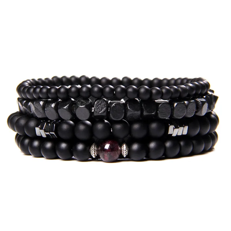 Männer Multilayer Stein Armband 4 Teile/satz Natürliche Schwarz Hämatit Vulkanischen Lava Stein Perle Elastische Armreif Vintage-Schmuck Geschenk – Detail 7