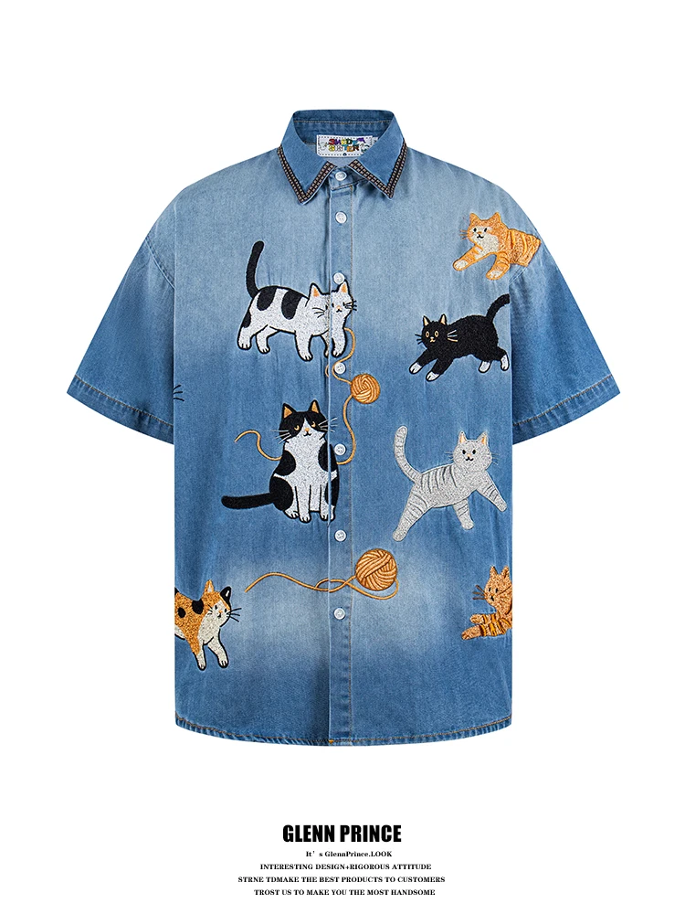 

GPstudio American Retro Embroidery Denim Shirt Men Summer Lazy Style Casual Shirt Jacket Loose Fit Cotton Short Sleeve