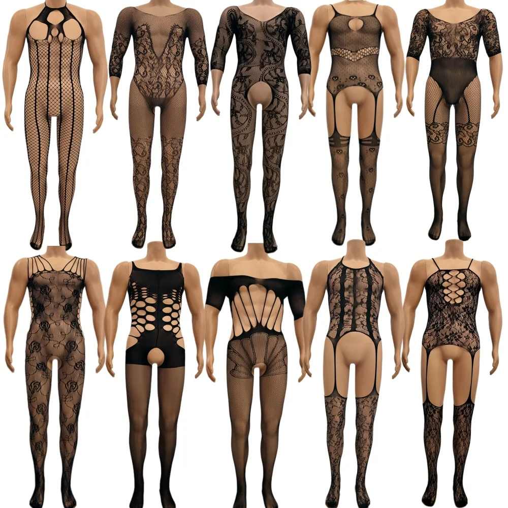 Male Lace Mesh Bodysuit Men bodysuit Hollow Fishnet Open Crotch Multi Pattern See Through Crossdresser Club Lingerie Nightwear