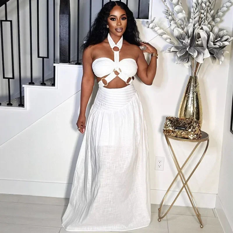 섹시한 홀터 백리스 맥시 드레스 세트 여성 투피스 세트 페스티벌 의상 Y2K 밴디지 홀로우 아웃 탑과 롱 스커트 매칭 세트