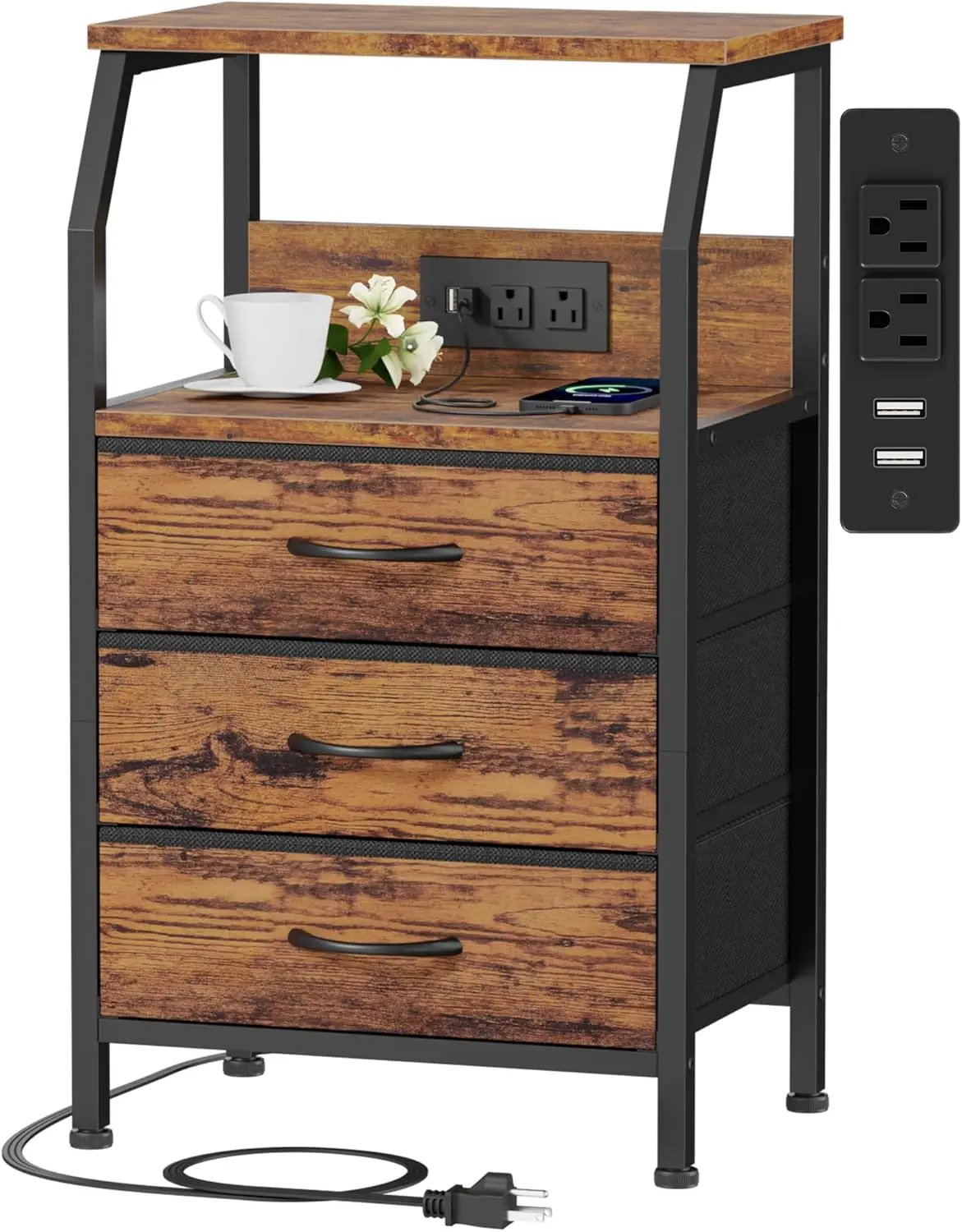 

28.3 Inch Night Stand with Charging Station, USB Ports, Outlets, Wood Shelf, 3 Fabric Drawers, Rustic Brown