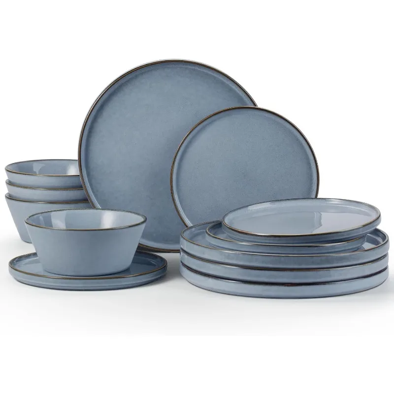 Annecy Stoneware Dinnerware Sets, Plates and Bowls Sets for 4, 12 Pieces Handmade Tableware/Dishware/Dinner/Dish Set with Lipped