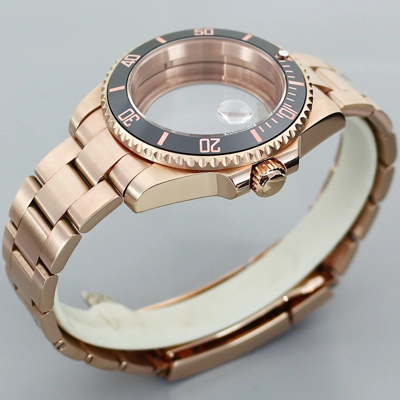 Fanya 40mm NH35 Casos de relógio de aço inoxidável pulseiras de ouro rosa safira resistente à água para Seiko NH35 NH36 8205 8215 SUB Eta 2824