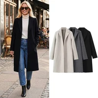 Willshela-gabardina larga con cuello en V para mujer, abrigo de manga larga con costuras abiertas, color liso, Estilo Vintage