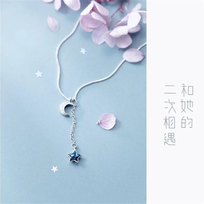 New Arrival Fresh Blue Crystal Star Temperament 925 Sterling Silver Jewelry Full Crystal Curved Moon Exquisite Necklaces  XL245