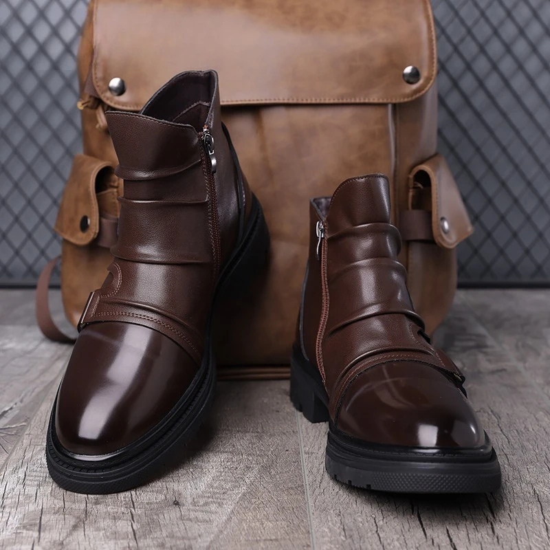 

Men High Top Boots PU Thick Sole Belt Buckle Decoration Trendy Men Boots Sizes 39-48