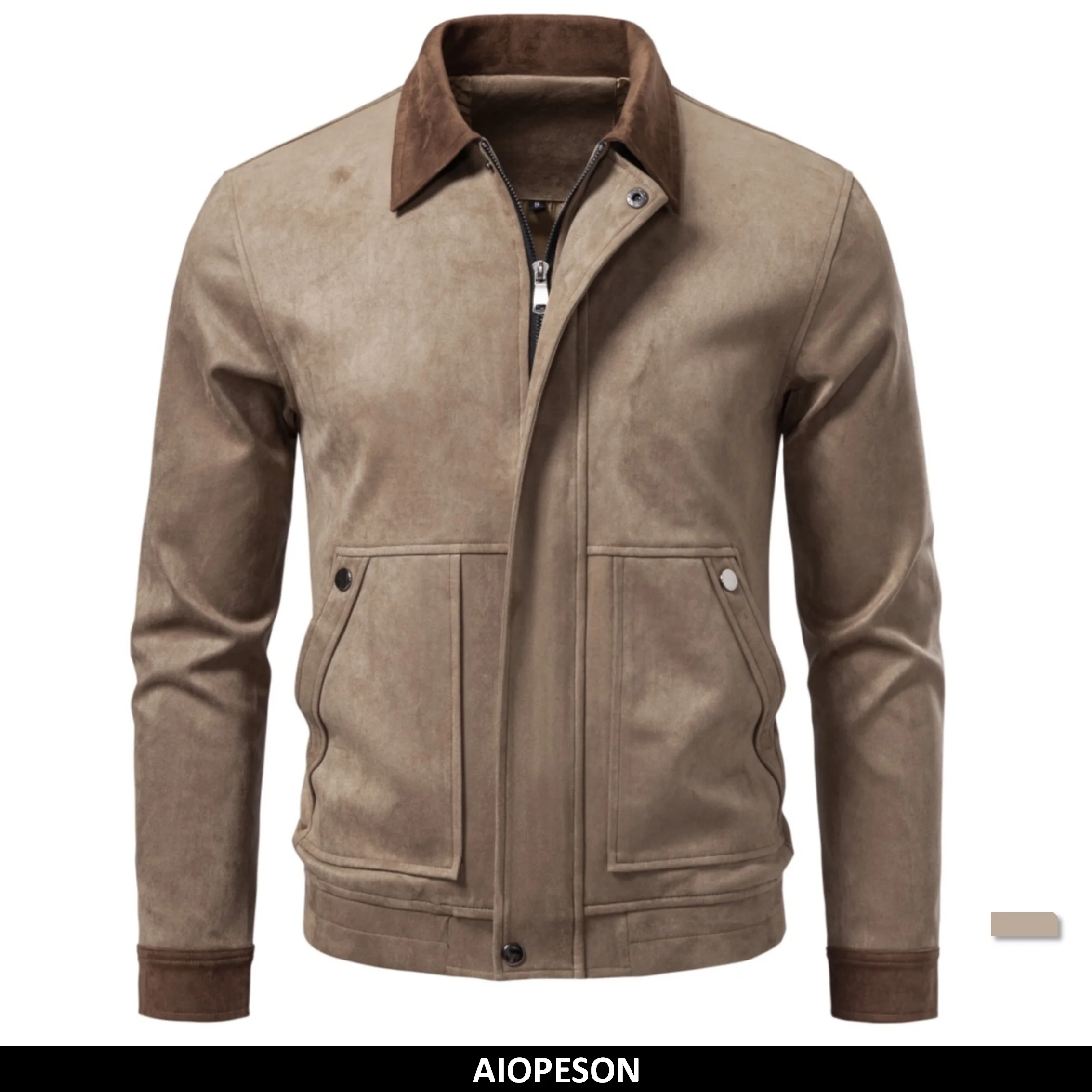 AIOPESON Men Vintage Business Jacket Faux Suede Zip Up Lapel Collar Pockets Ribbed Cuffs Color Block Slim Fit Spring Autumn Coat