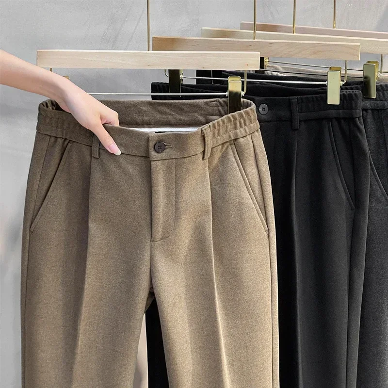 Autumn Winter Suit Pants Men Thick Business Elastic Waist Classic Grey Brown Woolen Straight Korean Formal Trousers Male 27-38