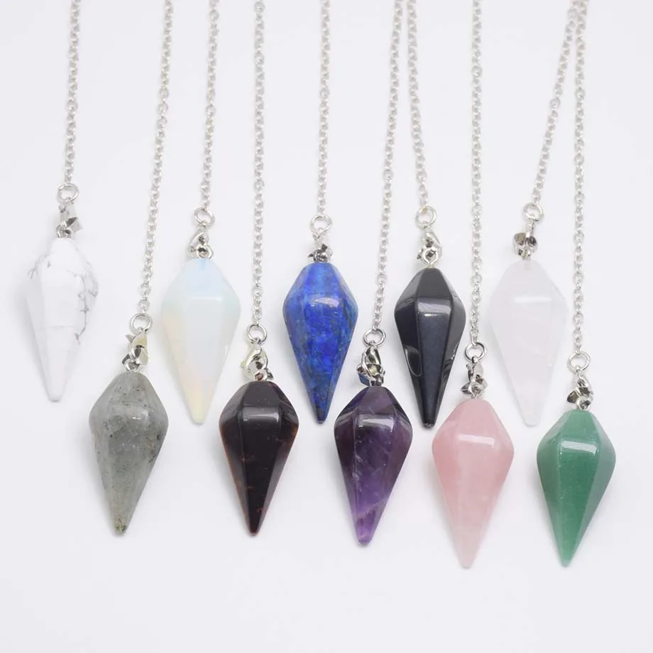 Natural Stone Quartz Healing Pendulum for Spiritual Divination Cone Crystal Pendulos Hexagonal Pointed Pendant Necklace Jewelry