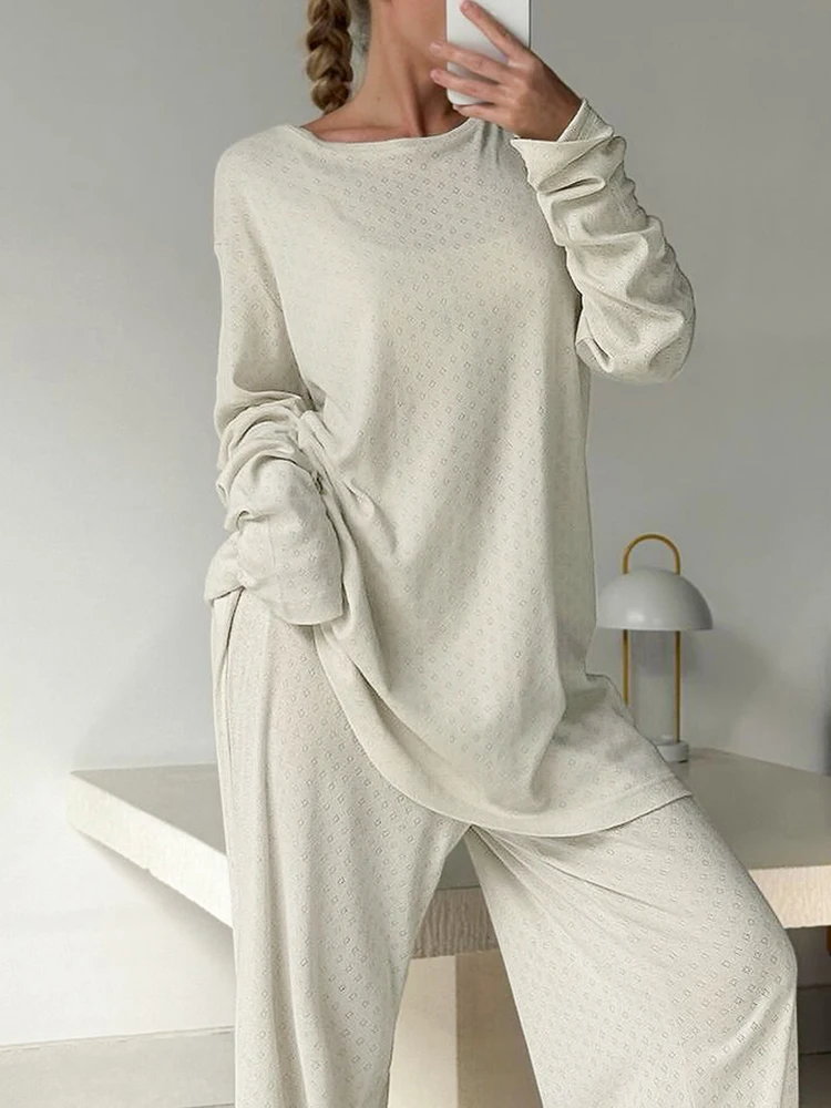 Linad Knitted Women's Home Clothes 2 Piece Sets Apricot Long Sleeve O Neck Sleepwear Female Loose Trouser Suits Autumn Pajamas