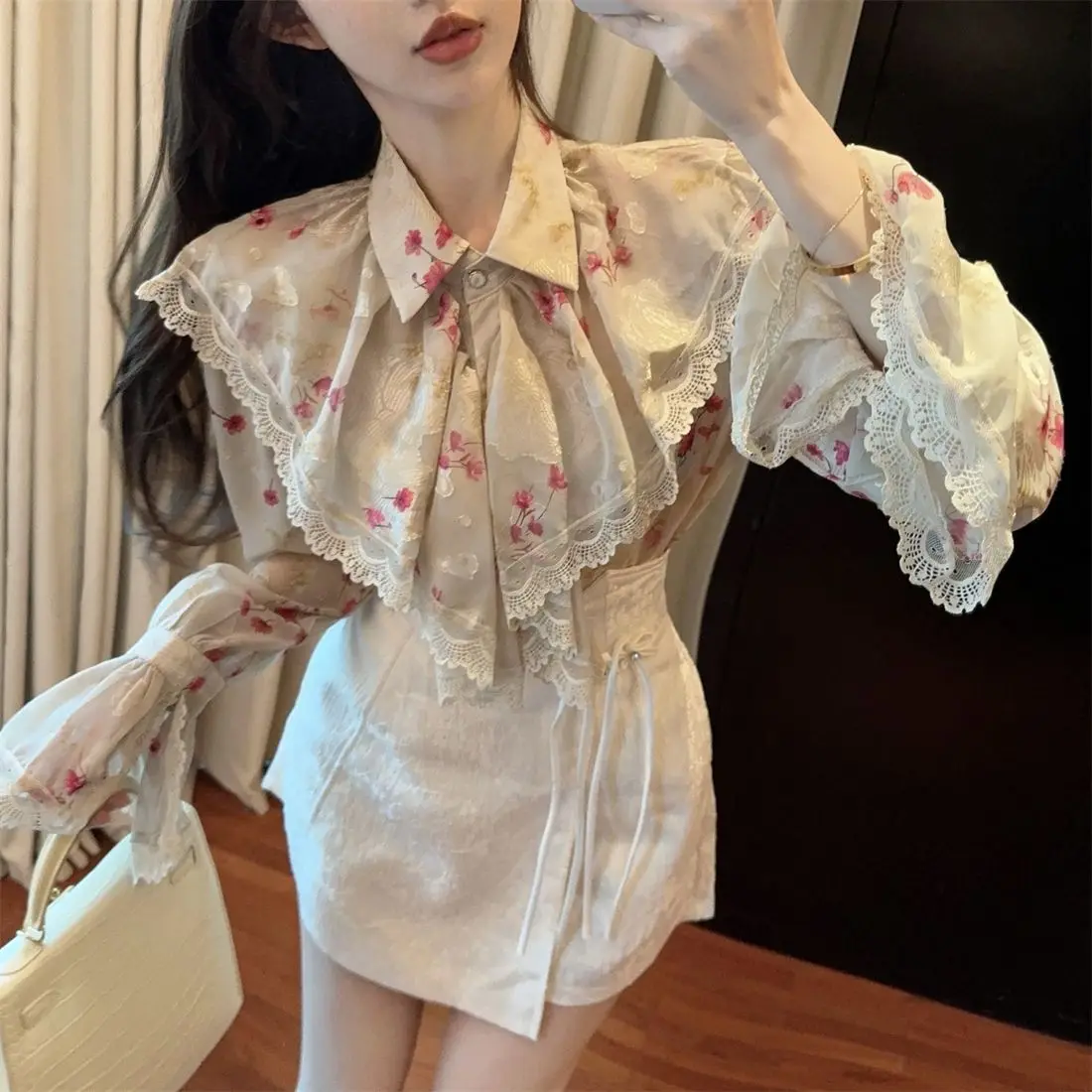 

Korejpaa Ruffled Women Shirt Elegant Korean Fashion Floral Printed Flare Sleeve Top Gentle Spring Slim Single Breasted Blusas