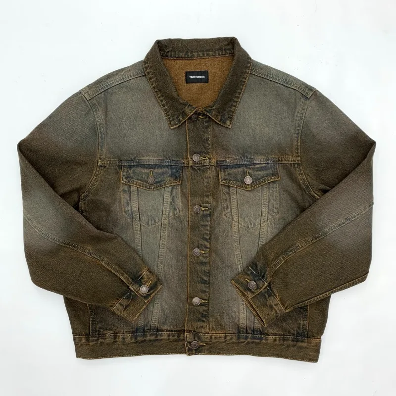 

Heavy Wash Distressed Denim Jacket for Men American Retro Short-Length Denim Coats Spring and Autumn Maillard Style Outerwear