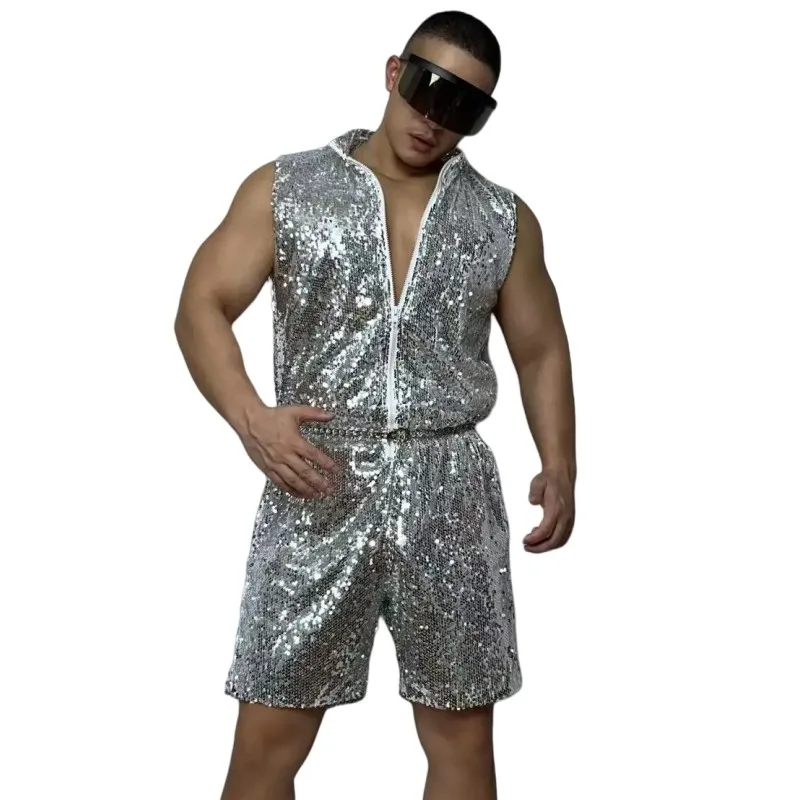 

Gold Silver Sleeveless Zipper Jumpsuit Male Jazz Hip Hop Dance Overalls Costume Bar Nightclub DJ Gogo Performance Stage Wear