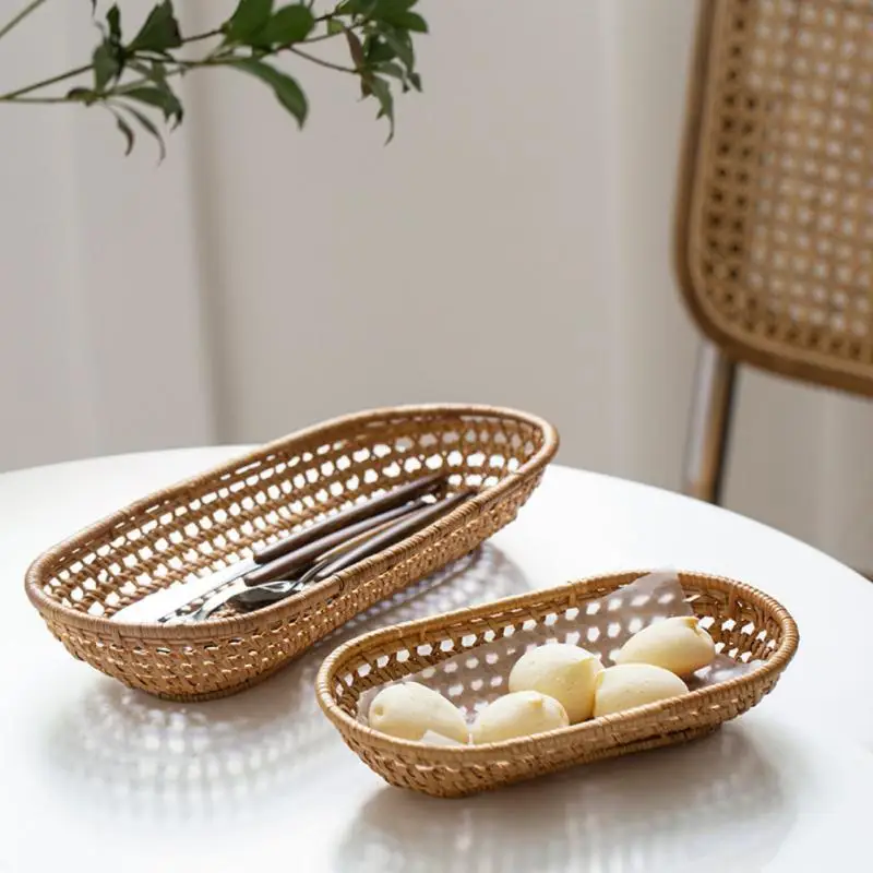 Rattan Oval Storage Basket Snack Fruit Food Serving Tray Bread Basket Knife Fork Chopsticks Display Plate Kitchen Decoration