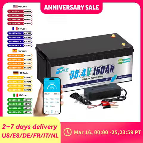 HRBEEnergy 36V 150Ah Lithium LiFePO4 Battery Bluetooth 8000+ Cycles,for Outboard Motors,Marine,Golf Cart,Off-Grid,Home Energy
