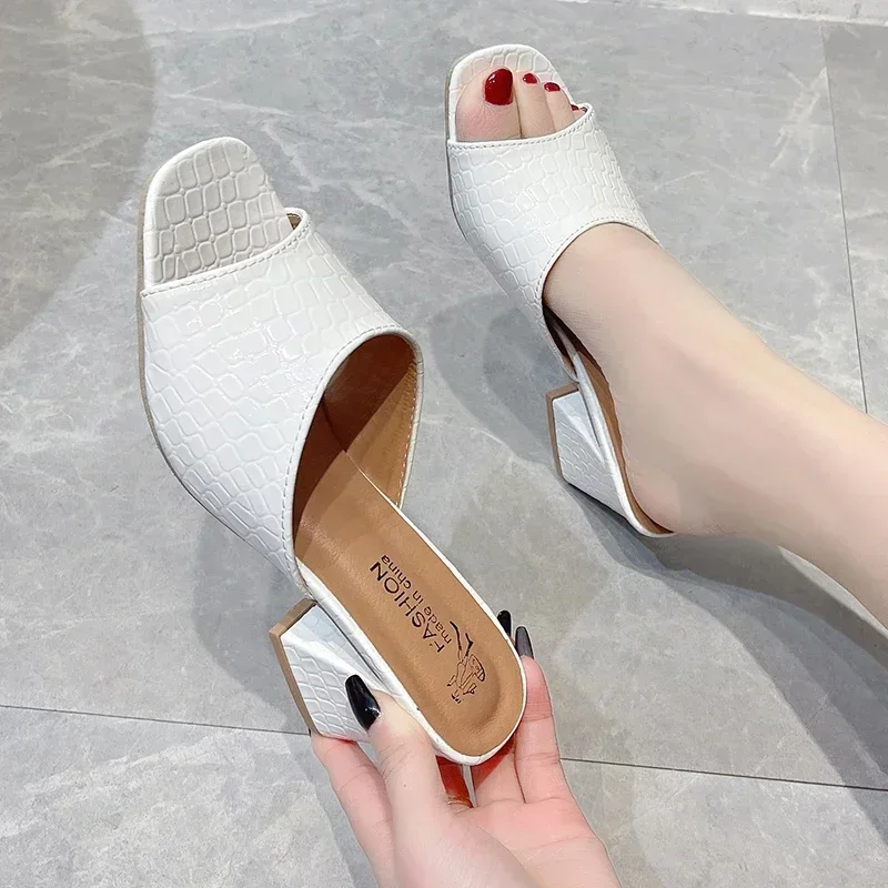 

Gingham Slippers Women New Summer Shoes Women Thick-heeled High-heeled Sandals Slippers Fashion Half-slippers Women Mules Slides