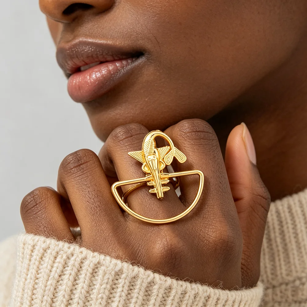 18K vergoldetes Kleopatra-Königin-Halbkreis-Ohrringe- und Ring-Set für Damen, luxuriöse Hochzeits- und Party-Accessoires, Geschenk – Detail 9