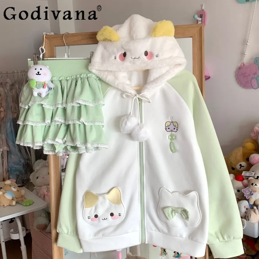 الأصلي اليابانية لينة الفتيات القط طباعة هوديي ربيع الخريف طالب Y2K فضفاض سليم Kawaii هوديي سستة سترة سترة تنورة