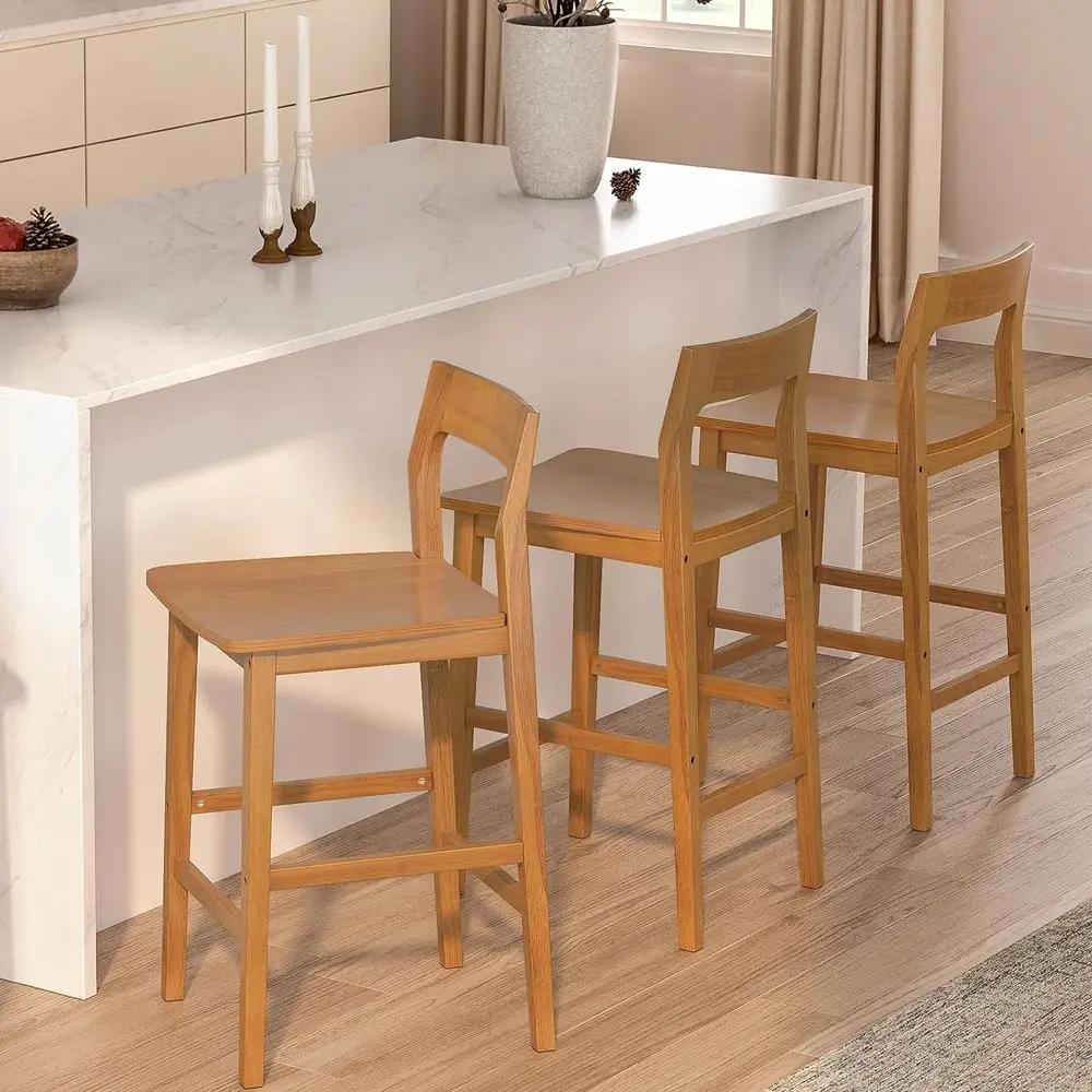 Conjunto de 4 bancos de bar modernos de madeira com altura de balcão, cadeiras sem braços estilo fazenda com encosto e apoio para os pés, acabamento em carvalho escuro para Ki