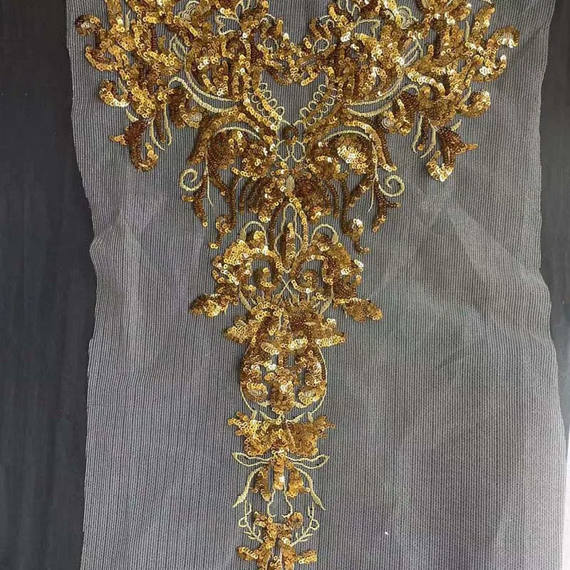 3-teiliges Set, Goldene Pailletten-Blumen-Stickerei-Spitzenapplikation zum Aufnähen, Exquisite Verzierung, Nähzubehör für Hochzeitskleider, Mieder – Detail 3
