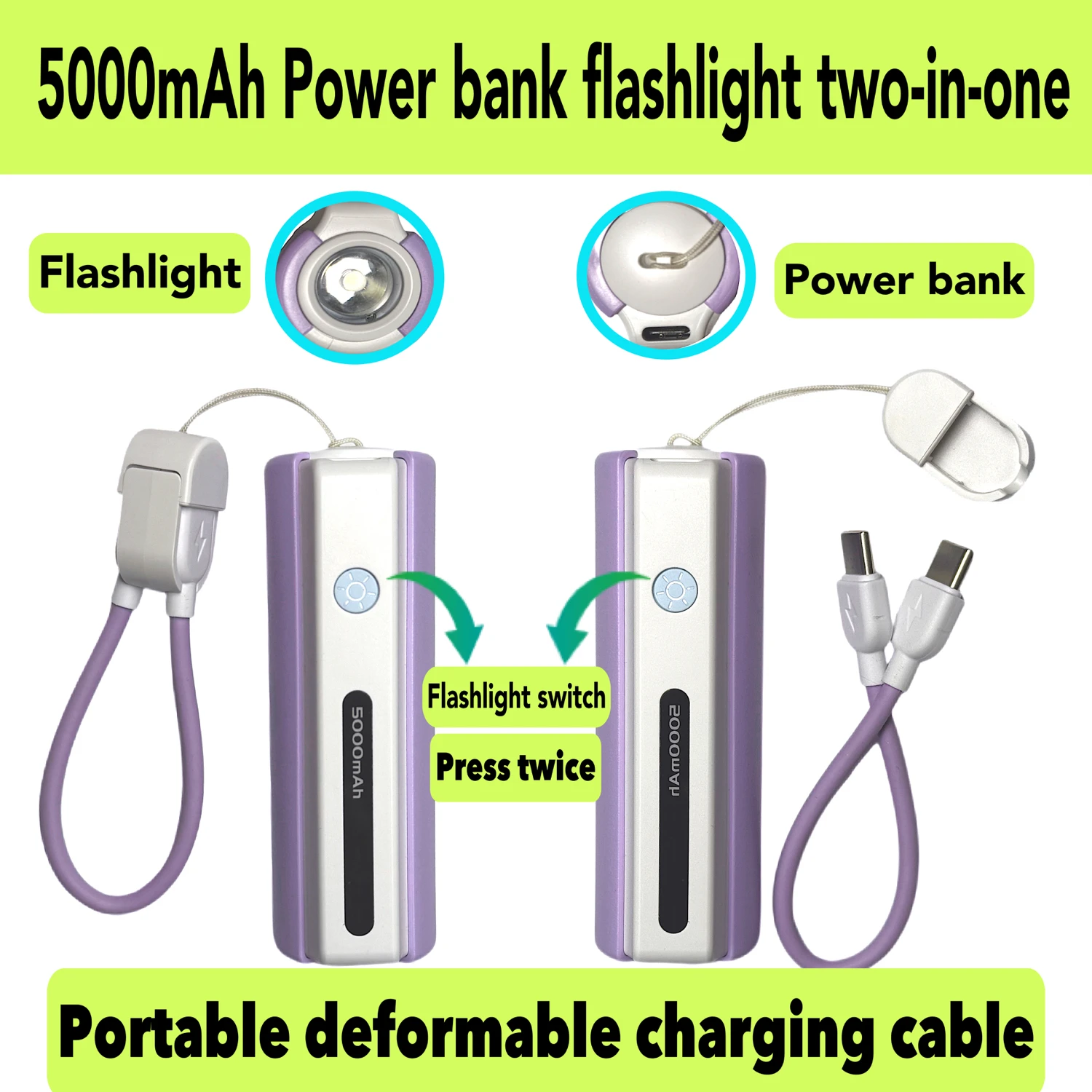 Capsule Power Bank 5000 Mah Large Capacity with Built-In Flashlight Fast Charging Rechargeable Compact Mobile Power Supply Outdoor Strong Light Flashlight Power Bank Emergency Power Bank Flap Pocket Pants Power Bank Cy