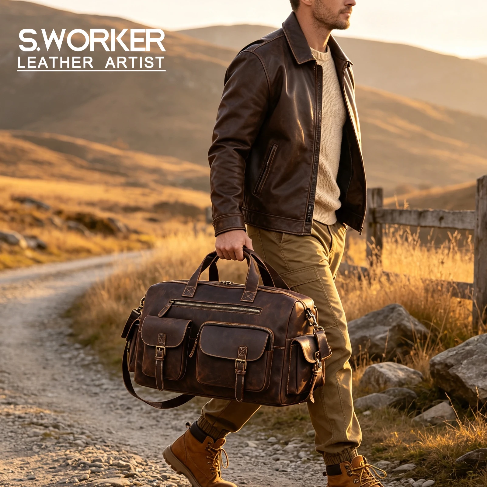 S.WORKER Vintage Vollnarbiges Rindsleder Reisetasche Große Kapazität Handgepäck Echtleder Weekender-Tasche – Detail 2