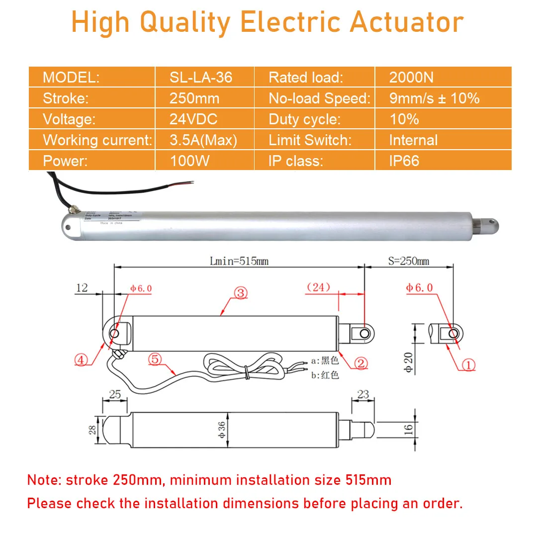 24V DC Linear Actuator 250mm Stroke 2000N High Power IP66 Waterproof Electric Motor for Skylight Greenhouse Roof Opener