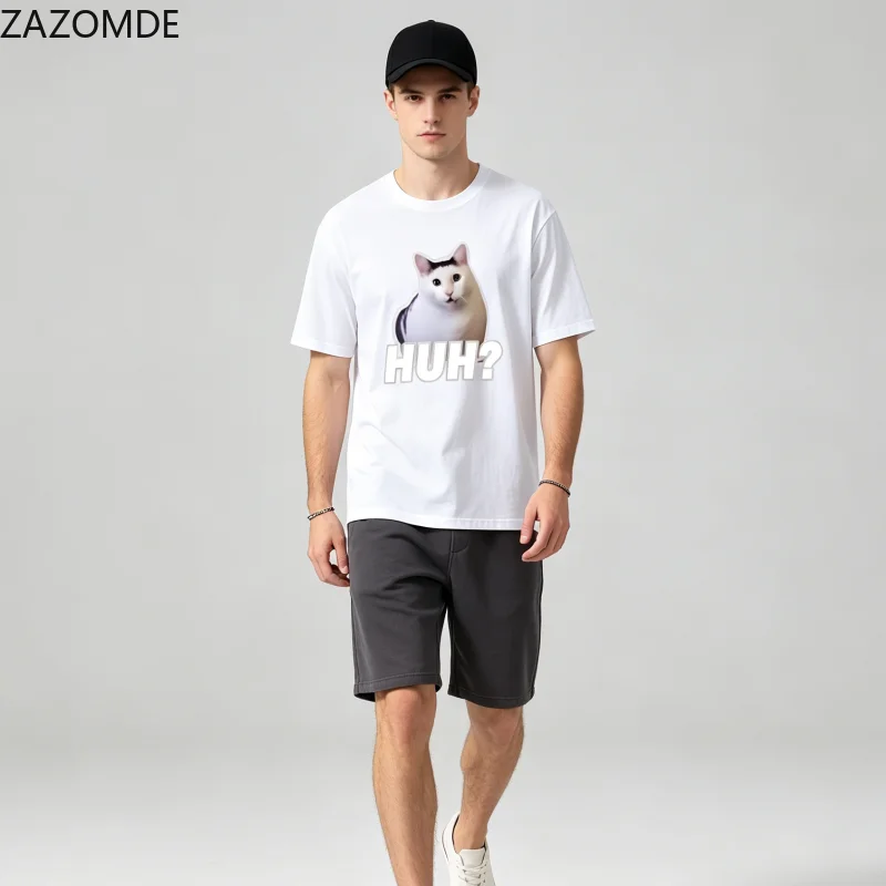 ZAZOMDE 2026 Trendy Humor Meme Tshirt Crying Thumbs Up Cat Picture Print Loose Fit Adult Fashion Daily Short Sleeve Tops