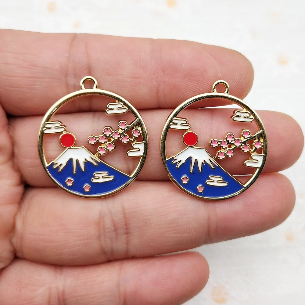 10pcs Mount Fuji Sakura Charm Jewelry Accessories Enamel Earring Phone Keychain Pendant Diy Making Alloy Metal Gold Plated